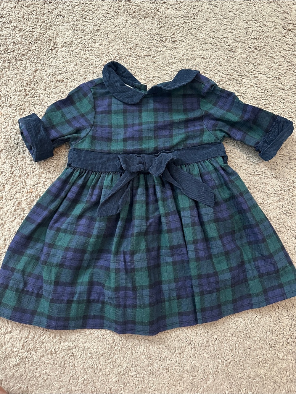 Baby Plaid Green & Navy Dress with sewn in corduroy Belt 12m